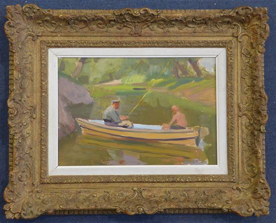 Jevhen Nisonovyc Levin (1922-1993) Anglers in a boat, 9 x 13in.
